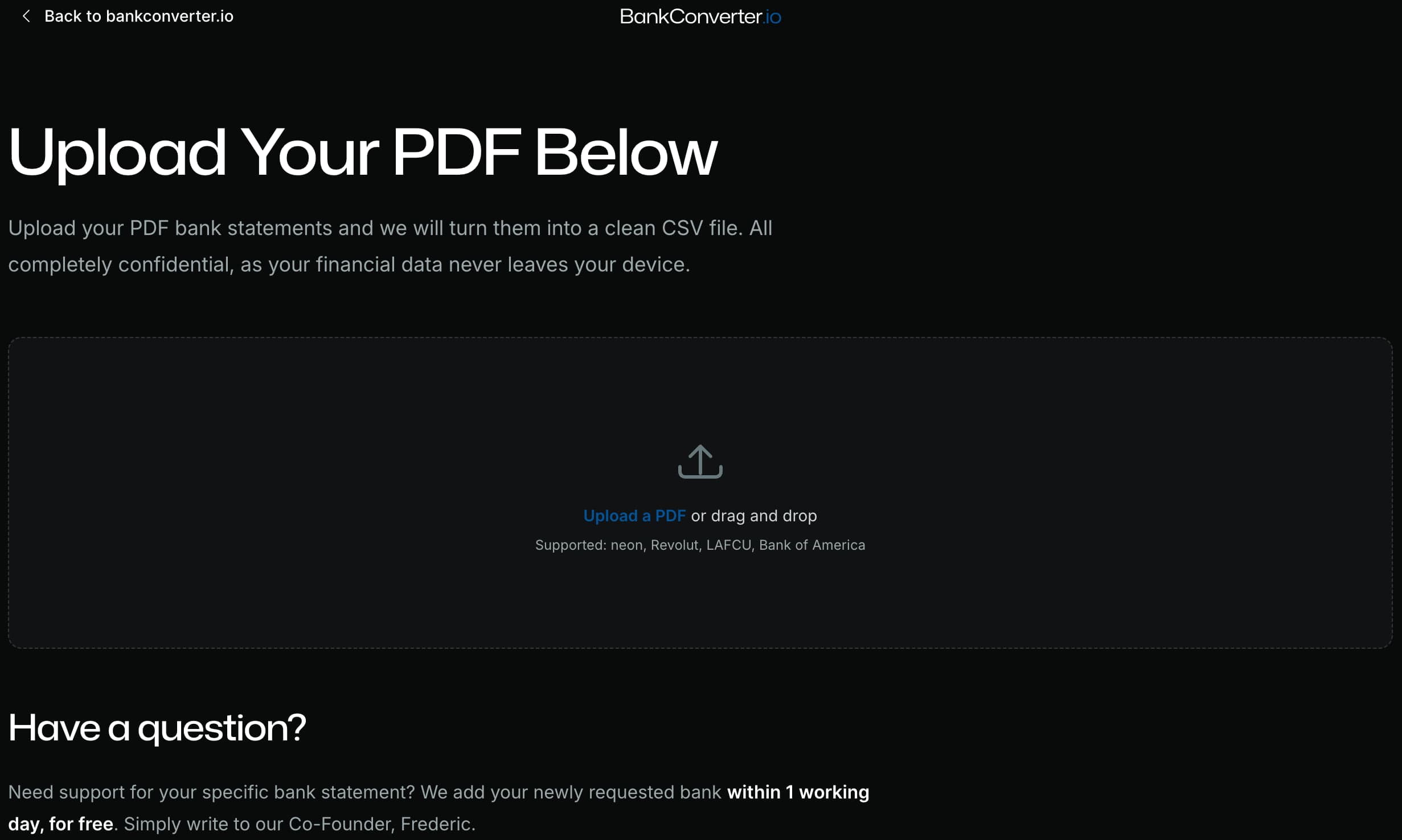 BankConverter PDF to CSV conversion interface