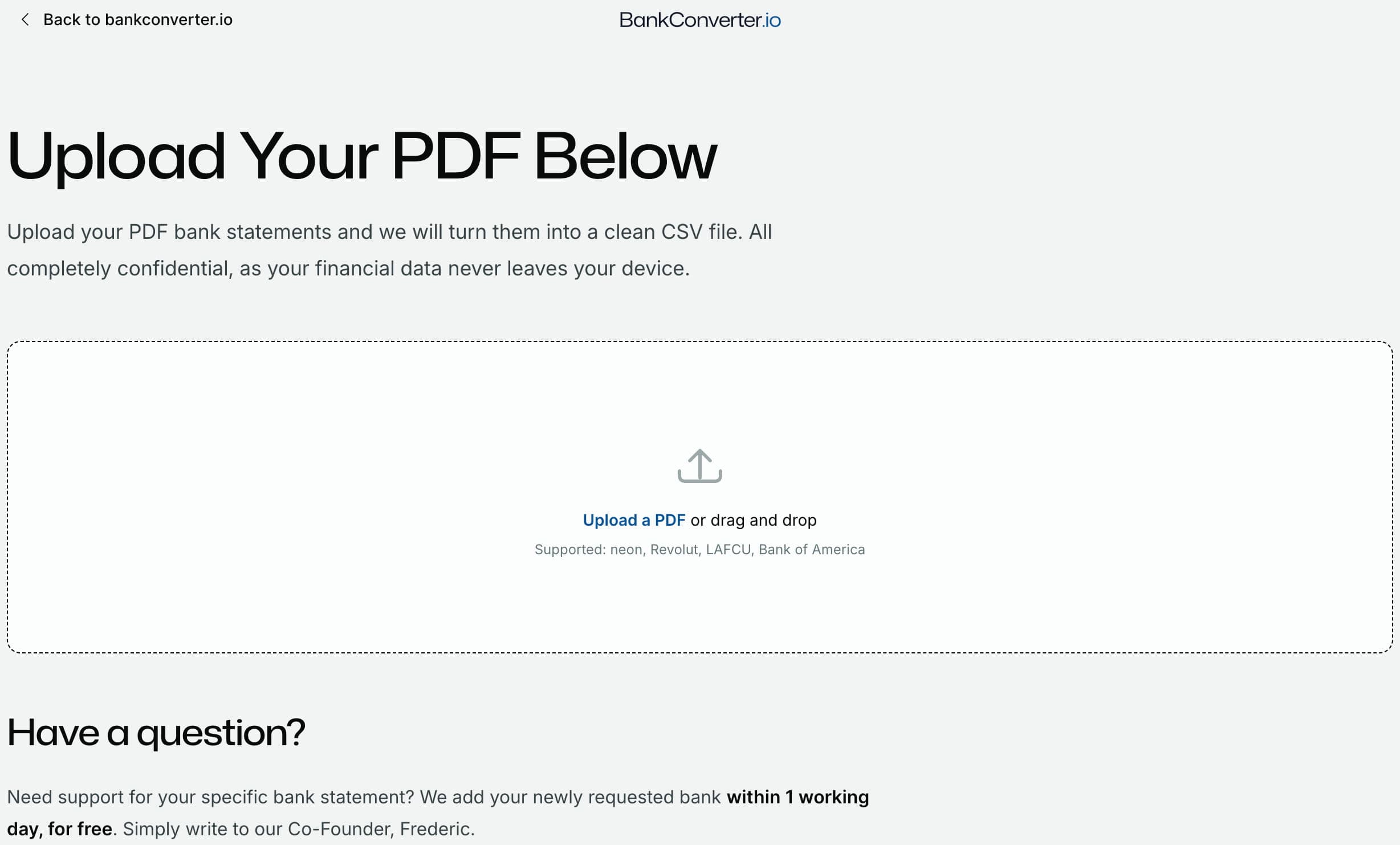 BankConverter PDF to CSV conversion interface